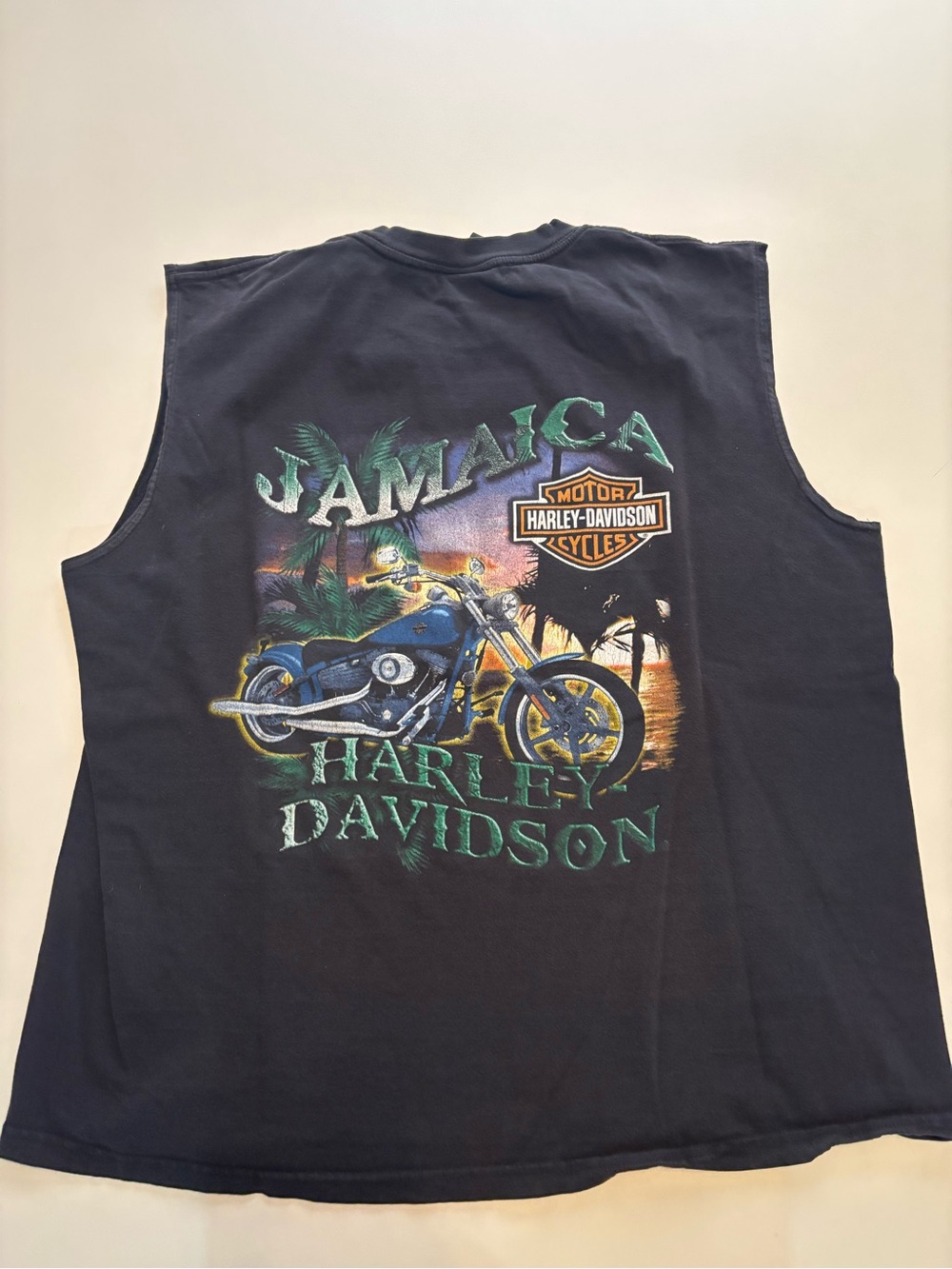 Y2K Harley-Davidson Black Tank with Green and Yellow Jamaica Motorcycle Graphic